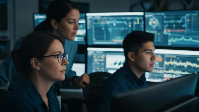 Diverse Team Working at Computer Monitors Displaying Stock Market Charts in Modern Office with Blue Tones and Ambient Lighting - Powered by Adobe