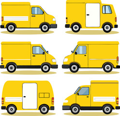 Collection of six cartoon yellow delivery vans shown from various angles perfect for logistics and transportation themes