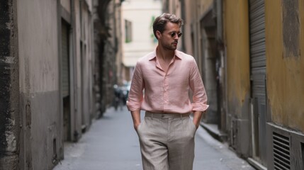 Obraz premium Man wearing pastel shirt and linen trousers walks confidently down narrow street, exuding relaxed yet stylish vibe. urban setting adds to charm of his outfit