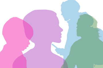 Multicolored overlapping silhouettes of individuals engaging, representing communication, diversity, and relationships. Captures a modern conceptual visualization for unity and togetherness