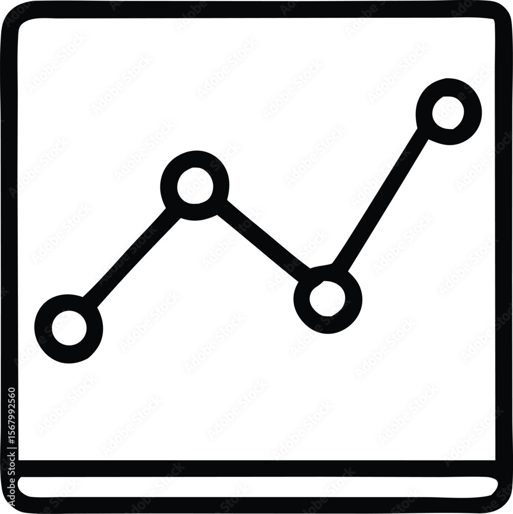 Poster simple hand drawn line graph icon showing upward and downward trends with data points within a squar