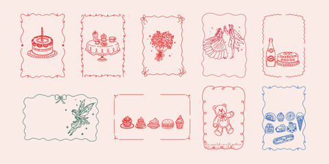 Hand drawn style birthday, wedding, party greeting cards, invitations, AI vector materials