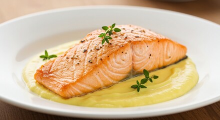 A salmon fillet on a lemon butter bed.