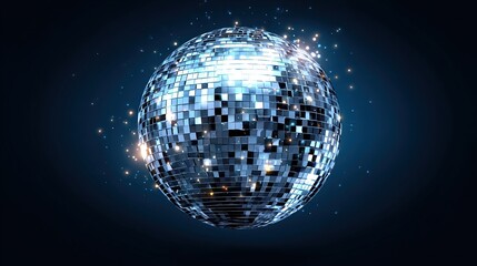 Spherical, reflective surface covered in small, square mirrors, emitting light particles against a dark backdrop