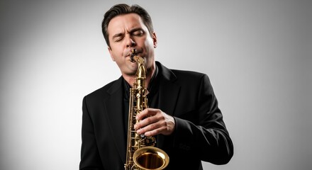Fototapeta premium Caucasian male adult playing saxophone with passion