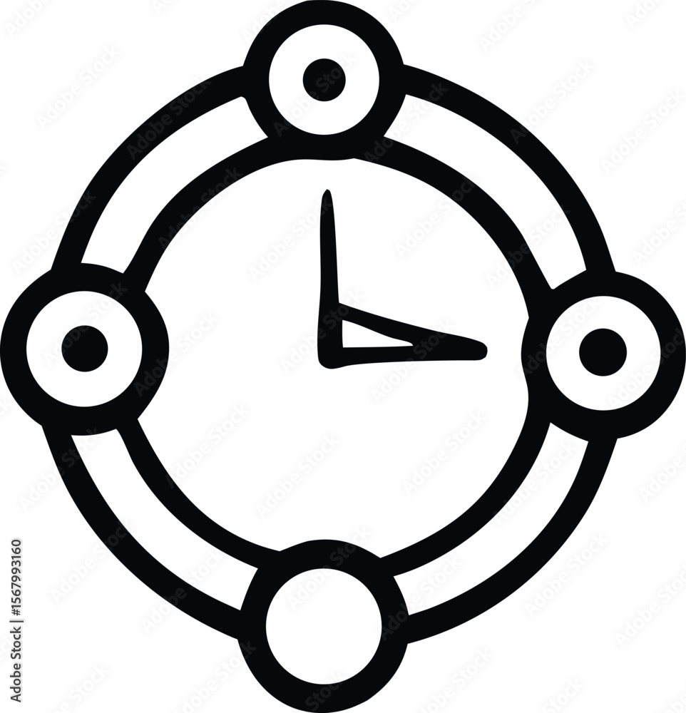 Poster abstract circular clock face icon with four connected circular elements and simple hands indicating 