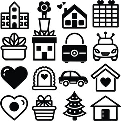 A collection of simple black and white graphic icons representing various objects including buildings plants hearts gifts cars and a christmas tree