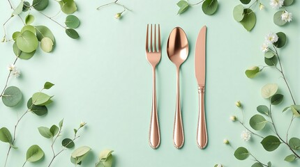 Flatware setting rose gold cutlery with eucalyptus leaves on mint background table setting decor design