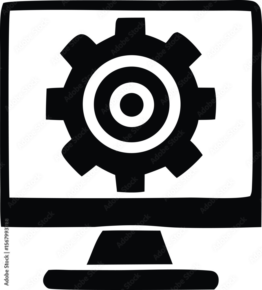 Fototapete A simple black and white graphic icon representing a computer monitor displaying a gear with concentric circles symbolizing technology and settings
