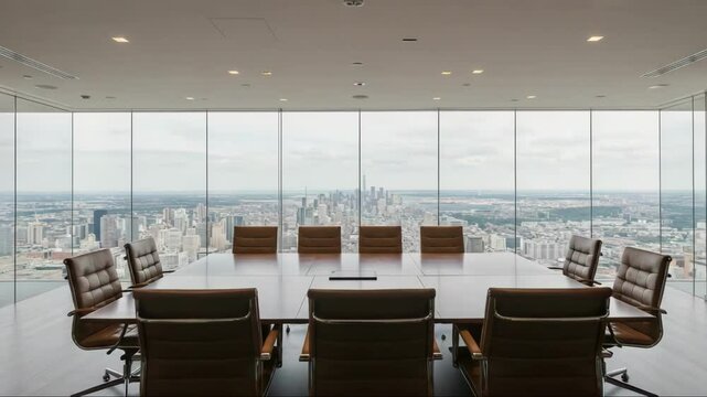 Empty conference room with a city view through large windows.