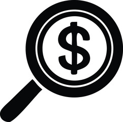 Magnifying glass icon focusing on a dollar sign symbolizing financial analysis research and wealth discovery