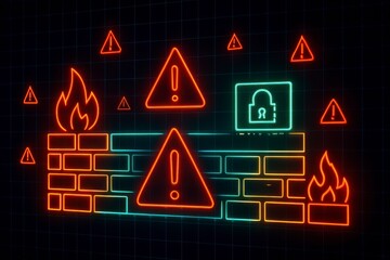Neon firewall with warning signs and padlock on a dark background