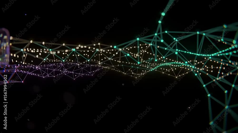 Poster Digital Neon Waves with Connecting Lines and Nodes in a Dynamic Motion Display