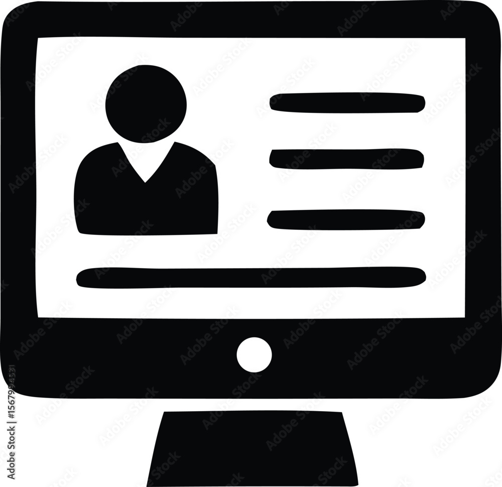 Poster simple black and white icon representing a computer screen displaying a user profile with a silhouet