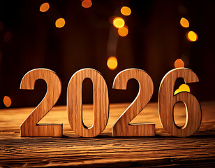 Wooden numerals 2026 on a rustic wooden surface, with festive bokeh lights.