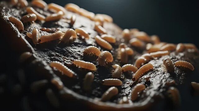 Close-up macro shot of maggots crawling. 4K Video