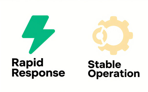 Lightning and gear icons represent fast response and stable operation, used for technical services and system maintenance scenarios.