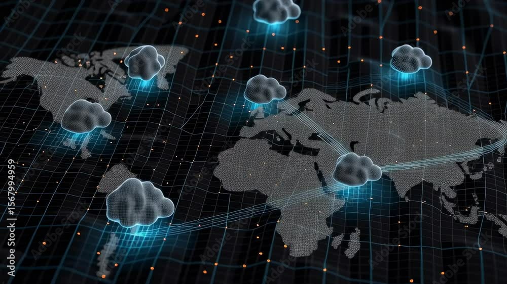 Poster floating cloud icons sending pulses to devices in a digital data network environment