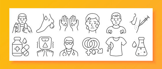 Hyperhidrosis set icon. Linear illustrations of sweat symptoms on feet, hands, face, armpits, wet clothes, treatment bottles, injections, pills, doctor, gender, scale, and test tubes