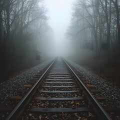 Fototapeta premium Old railway tracks vanish into dense morning fog through a forest, evoking solitude, mystery, and timeless journey beneath glistening steel and damp leaves in a hauntingly quiet atmosphere.