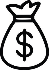Simple hand drawn black outline of a money bag with a dollar sign on a white background representing wealth and finance