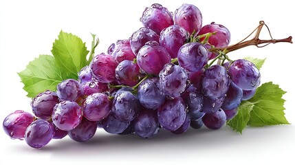 Fototapeta premium Fresh bunch of purple grapes with water droplets, leaves, and stem, isolated on white