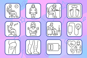Sedentary lifestyle set icon. Back pain, obesity, screen fatigue, weight gain, blood pressure, swelling, weak legs, TV watching, fatigue.