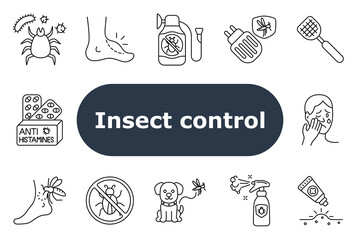 Insect control set icon. Ticks, foot rash, repellents, electric diffuser, mosquito net, antihistamine, itching, forbidden bug sign, pet protection, insecticide, rash treatment, allergic face.