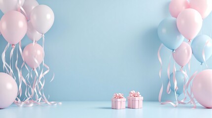 Baby shower balloons background with gifts celebration party decoration gender reveal backdrop design