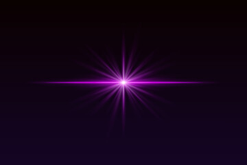 Purple starburst light with sharp rays and glow effect. Radiating flare creates elegant highlight for spotlight, flash, or sparkle visuals.