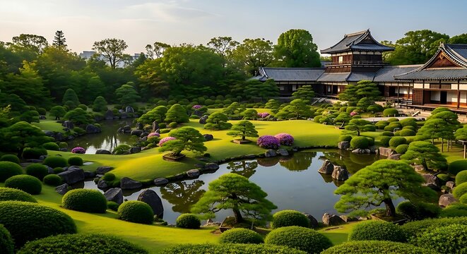 Serene Japanese garden with manicured lawns, bonsai trees, and traditional architecture creates a peaceful landscape. - Powered by Adobe