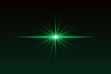 Green starburst light with sharp rays and glow effect. Radiating flare creates elegant highlight for spotlight, flash, or sparkle visuals.