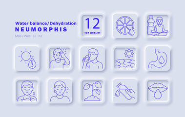 Water balance set icon. Dehydration symptoms, dry skin, sweating, thirst, heatstroke, digestion, water intake, nutrition, dry soil, lips, meditation, hydration, plants, fatigue.
