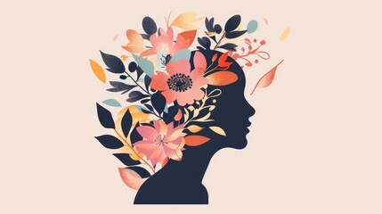 Woman silhouette profile with colorful tropical flowers and leaves in her hair on bright background