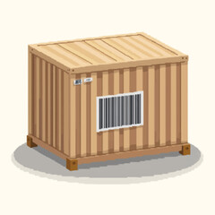 Cartoon illustration of a corrugated metal shipping container with a barred window, resting on wooden supports.