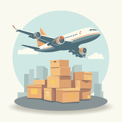 An airplane flies over a stack of cardboard boxes in front of a city skyline, representing global shipping.