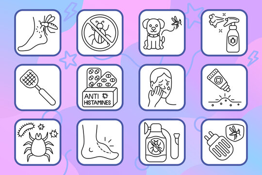 Insect control set icon. Bug bite, repellent spray, pet protection, antihistamine pills, rash, itch cream, insect killer, skin allergy, electric trap, swelling, redness, irritation.