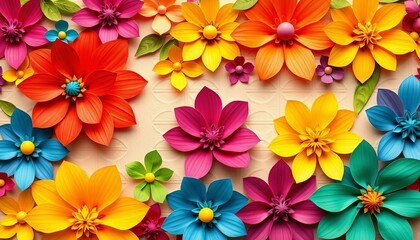 Vibrant horizontal rectangle of colorful paper flower seamless tile pattern,  spring,  happy