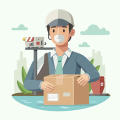 A cartoon delivery person in a face mask holding a package, standing in front of a delivery vehicle.