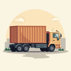 A large cargo truck, carrying a shipping container, drives along a city street at sunset.