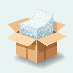 An open cardboard box containing a stylized, textured, curved, and bubbly object.