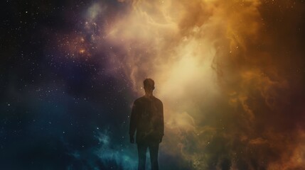 Obraz premium Silhouette of person standing against dramatic cosmic nebula with colorful clouds and stars
