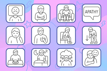 Depression set icon. Sadness, emotional pain, apathy, sleep issues, disinterest, fake smile, mood swings, heartache, fatigue.