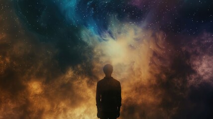 Silhouette of person standing against dramatic cosmic nebula with colorful clouds and stars