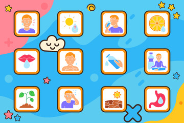 Dehydration set icon. Sweating face, hot sun, drinking person, citrus slice, dry lips, chest discomfort, water bottle, yoga pose, wilted plant, headache, cracked ground, dry stomach