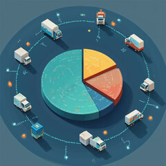 Isometric illustration of delivery trucks encircling a segmented pie chart, symbolizing logistics and distribution network efficiency.