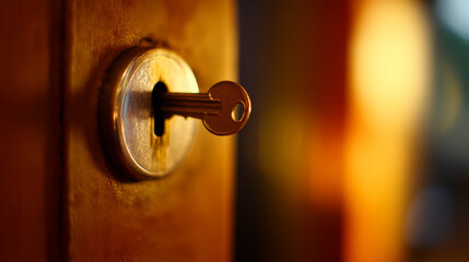 Obraz premium Key in a door lock, symbolizing security and access