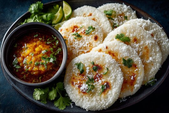 Plate of kerala-style rice flatbread pathiri topped with cilantro, served with red chutney and lime wedges. Concept of pathiri as traditional dish enhances food culture.