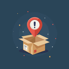 An open cardboard box with a red location pin and exclamation mark floating above it.