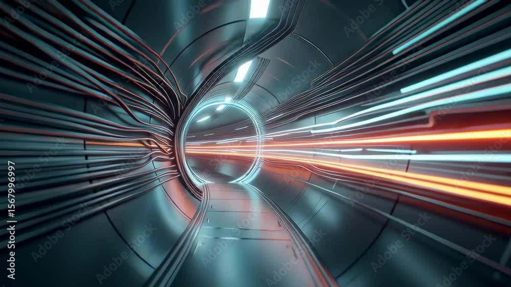 Poster surreal cyber tunnel with spinning data disks and glowing lights in futuristic environment